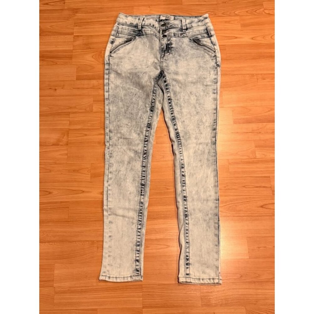 Harmony & Havoc women's size 5 blue/white button fly denim skinny high-rise jean